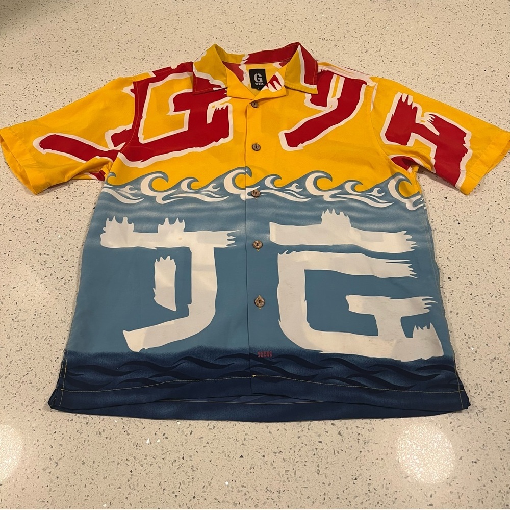 Vintage GUESS Wave Graphic Button Up Lightweight Shirt Medium Blue Yellow Red